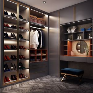 L-Shaped Corner Wardrobe With Integrated Dressing Table - Modern Bedroom Metal Frame for Doubled Storage