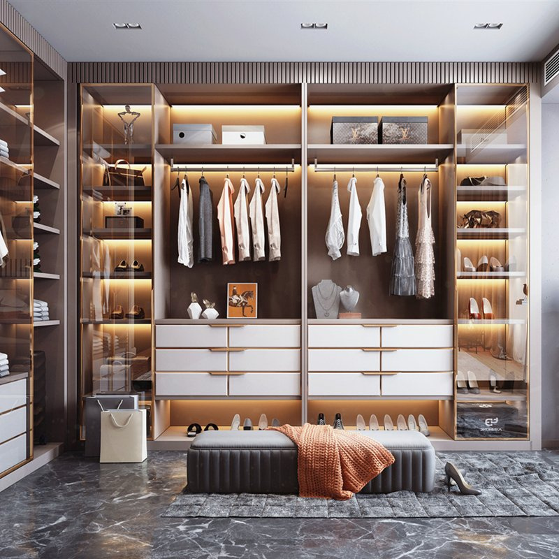 Whole House Custom Wardrobe Closet Modern Simple Solid Wood Bedroom Multi Layer Cabinet With Glass Door